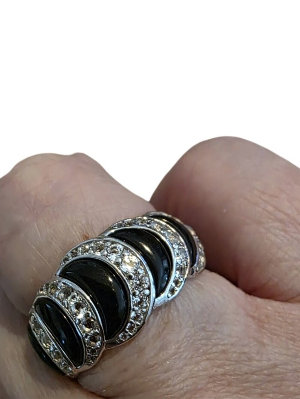 Silver Ring with Black Enamel Crescent Accents - Picture 5 of 5